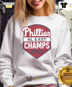 Alt Text: Cozy sweatshirt featuring the Top Philadelphia Phillies NL East Champs 2025 logo, perfect for fans and game day wear.