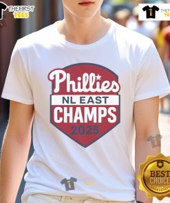 Alt Text: Top Philadelphia Phillies NL East Champs 2025 logo t-shirt featuring bold graphics and team colors.