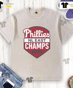 Alt Text: Top Philadelphia Phillies NL East Champs 2025 logo on a washed t-shirt, showcasing team pride and style.
