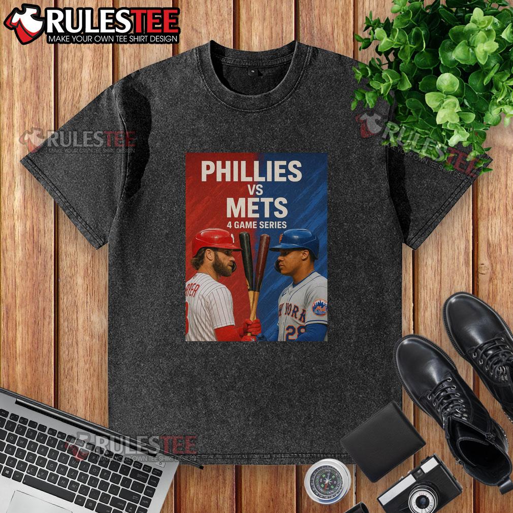 Top Philadelphia Phillies Vs New York Mets Mlb 4 Game Series Washed T Shirt Alt Text: Top Philadelphia Phillies vs New York Mets MLB 4 Game Series washed t-shirt featuring team logos and vibrant colors.