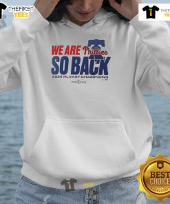 Alt Text: Top Philadelphia Phillies 'We Are So Back' 2025 NL East Division Champions hoodie in red with team logo.