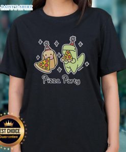 Top Pizza Party Dinosaur and Loaf of Bread ladies tee featuring a fun graphic design perfect for casual wear.