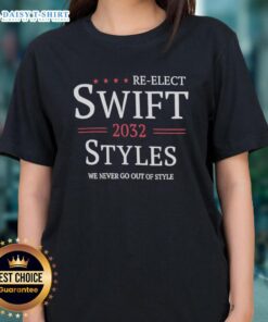 Stylish ladies tee featuring 'Top Re-Elect Swift 2032' slogan, perfect for casual wear and showing support.