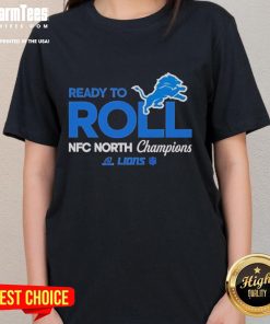 Alt Text: Womens Detroit Lions NFC North Champions tee, featuring a stylish design perfect for fans celebrating the team's victory.