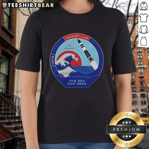 Alt Text: Top Rocket Lab 'The Sea God Sees Outer Space' mission patch on a ladies tee, showcasing a vibrant space-themed design.