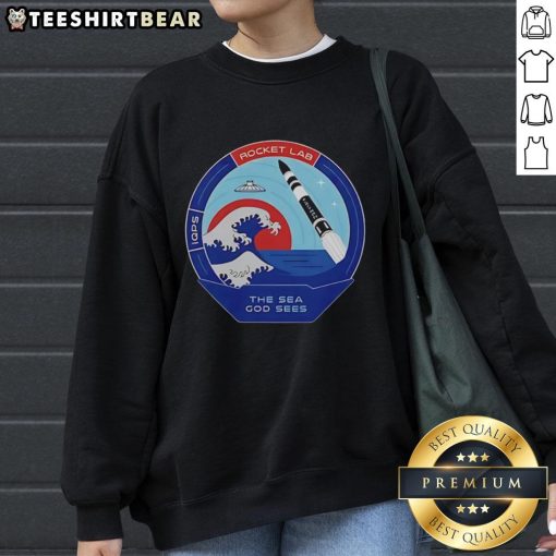 Top Rocket Lab The Sea God Sees Outer Space mission patch sweatshirt featuring vibrant design and space-themed graphics.