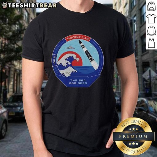Top Rocket Lab The Sea God Sees Outer Space Mission Patch T-Shirt featuring a vibrant graphic of the mission logo.