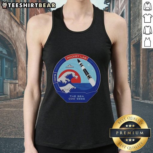 Top Rocket Lab The Sea God Sees Outer Space mission patch tank top showcasing space-themed design and vibrant colors.