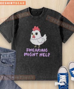 Fun top featuring a rooster swearing, perfect for chicken lovers. Unique washed T-shirt design for casual wear.