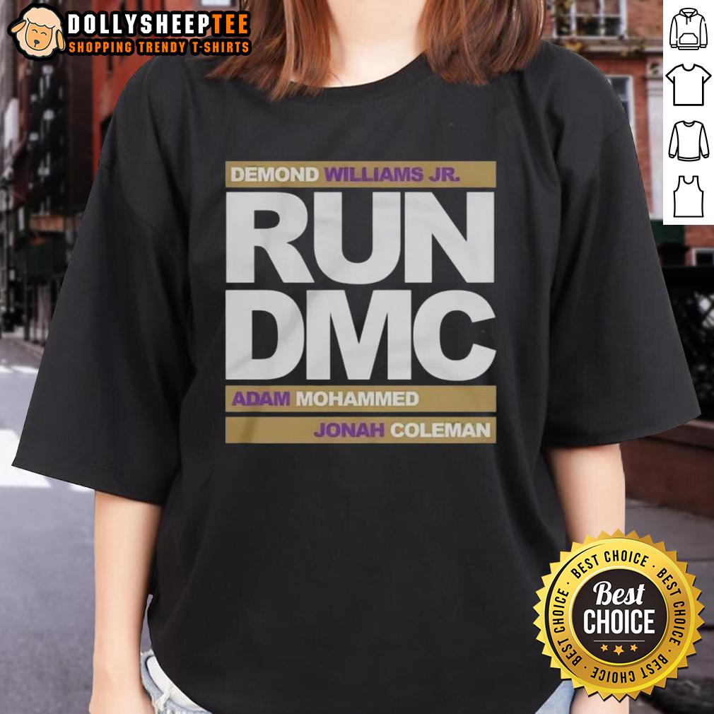 Top Run DMC Football Demond Williams Jr. Adam Mohammed and Johnah Coleman Ladies-Tee Top Run DMC football players Demond Williams Jr., Adam Mohammed, and Johnah Coleman in stylish ladies' tee.