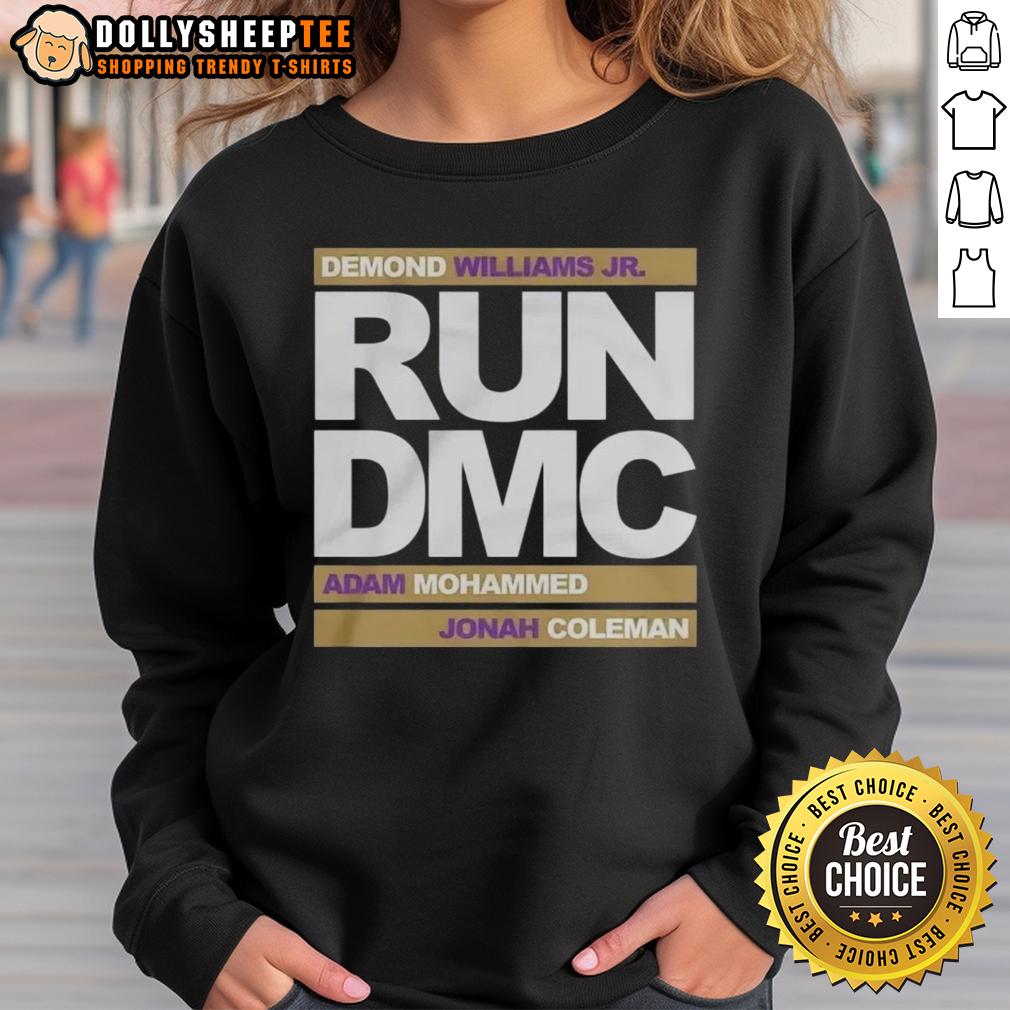 Top Run DMC Football Demond Williams Jr. Adam Mohammed and Johnah Coleman Sweatshirt Alt Text: Top Run DMC Football sweatshirt featuring Demond Williams Jr., Adam Mohammed, and Johnah Coleman in action.