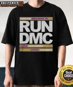 Top Run DMC football T-shirt featuring Demond Williams Jr., Adam Mohammed, and Johnah Coleman in vibrant design.