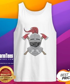 Alt Text: Rutgers Scarlet Knights chop logo with crossed axes on a football tank top, perfect for game day attire.