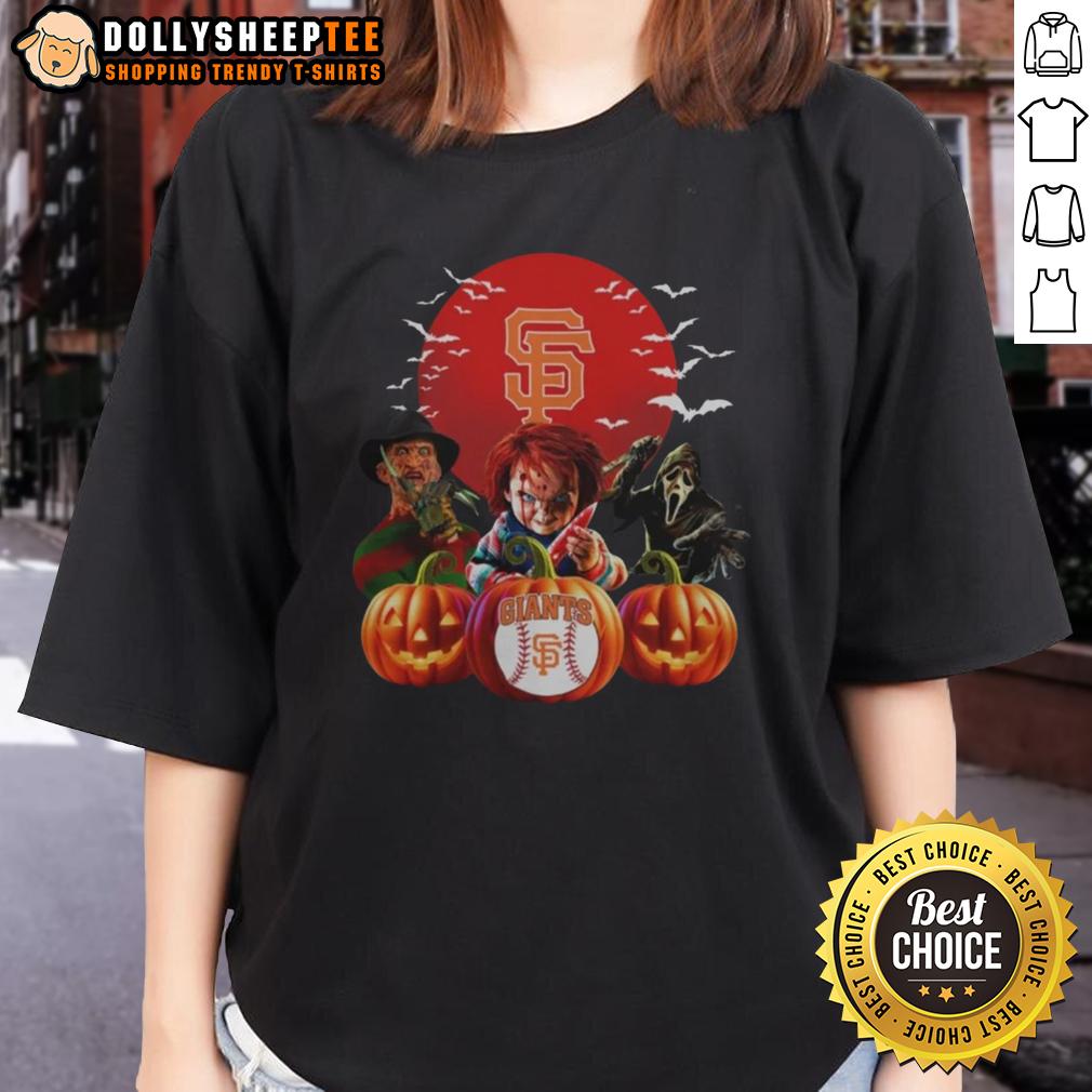 Top San Francisco Giants Mlb Horror Movie Halloween Ladies Tee Alt Text: Top San Francisco Giants MLB horror movie Halloween ladies tee featuring spooky graphics and team colors.