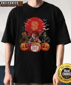 Top San Francisco Giants MLB Halloween T-Shirt featuring a horror movie theme, perfect for spooky game day celebrations.
