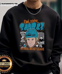 Alt Text: Top San Jose Sharks Macklin Celebrini Mitchell & Ness 1991 NHL sweatshirt featuring vibrant team colors and logo.