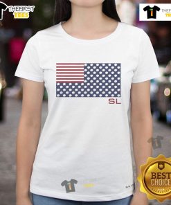 Stylish ladies tee featuring a top view of an American flag design adorned with light bulbs, perfect for patriotic fashion.