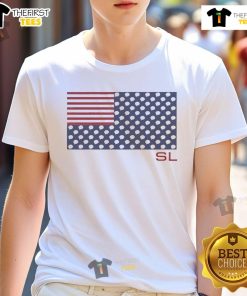 Top SL American Flag with Light Bulbs T-Shirt featuring a vibrant flag design illuminated by colorful lights.