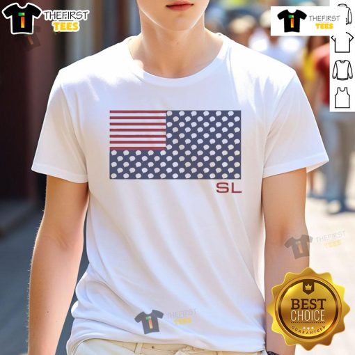 Top SL American Flag with Light Bulbs T-Shirt featuring a vibrant flag design illuminated by colorful lights.