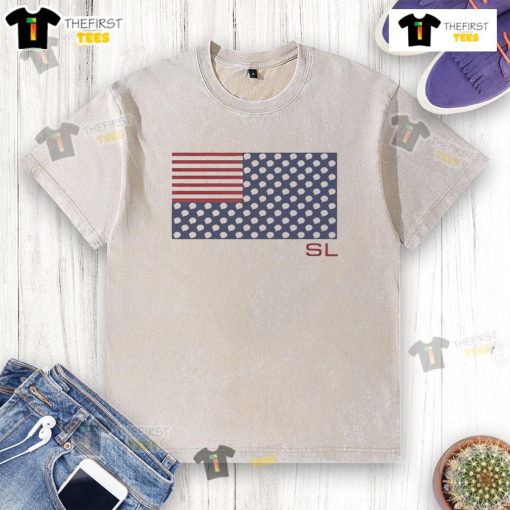 Alt Text: Stylish American flag washed t-shirt with light bulbs design, perfect for casual wear and patriotic occasions.