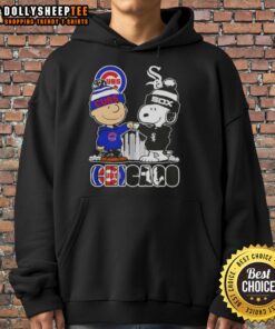 Top Snoopy and Charlie Brown Chicago City Sports Cubs X White Sox Skyline Hoodie featuring iconic characters and skyline design.