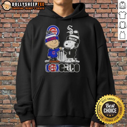 Top Snoopy and Charlie Brown Chicago City Sports Cubs X White Sox Skyline Hoodie featuring iconic characters and skyline design.