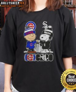 Alt Text: Top Snoopy and Charlie Brown Chicago City Sports Cubs vs White Sox skyline ladies tee shirt design