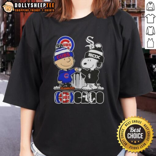 Alt Text: Top Snoopy and Charlie Brown Chicago City Sports Cubs vs White Sox skyline ladies tee shirt design