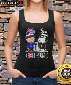 Top Snoopy and Charlie Brown Chicago City Sports Cubs X White Sox skyline tank top featuring iconic cartoon characters.