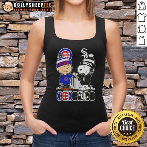 Top Snoopy and Charlie Brown Chicago City Sports Cubs X White Sox skyline tank top featuring iconic cartoon characters.