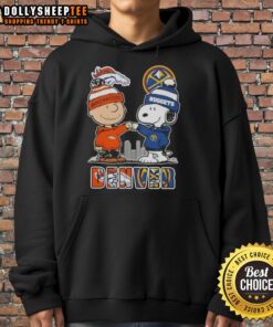 Denver skyline hoodie featuring Snoopy and Charlie Brown, perfect for Broncos and Nuggets fans.