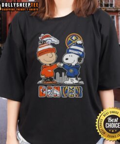 Top Snoopy and Charlie Brown Denver Sports Broncos x Nuggets Skyline Ladies Tee featuring vibrant team graphics.