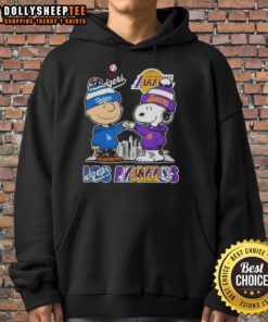 Top Snoopy and Charlie Brown Los Angeles sports hoodie featuring Dodgers and Lakers skyline design.