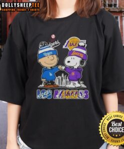Top Snoopy and Charlie Brown Los Angeles Sports Dodgers X Lakers skyline ladies tee featuring iconic characters.