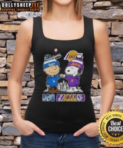 Top Snoopy and Charlie Brown Los Angeles sports tank top featuring Dodgers and Lakers skyline design.