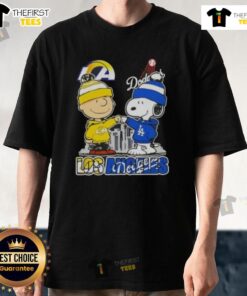 Top Snoopy and Charlie Brown Los Angeles Sports Rams X Dodgers skyline t-shirt featuring iconic cartoon characters.