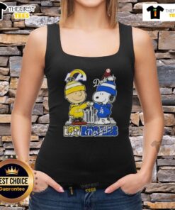 Top Snoopy and Charlie Brown tank top featuring Los Angeles Rams and Dodgers skyline design, perfect for sports fans.
