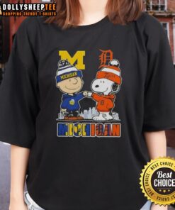 Top Snoopy and Charlie Brown Michigan Sports tee featuring Wolverines and Detroit Tigers skyline design for ladies.