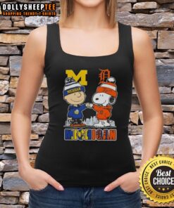 Alt Text: Top Snoopy and Charlie Brown Michigan Sports tank top featuring Wolverines and Detroit Tigers skyline design.