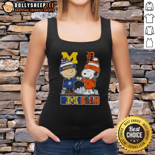 Alt Text: Top Snoopy and Charlie Brown Michigan Sports tank top featuring Wolverines and Detroit Tigers skyline design.