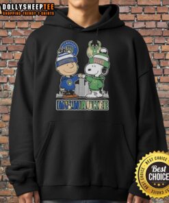 Top Snoopy and Charlie Brown hoodie featuring Milwaukee skyline and sports teams Brewers and Bucks design.