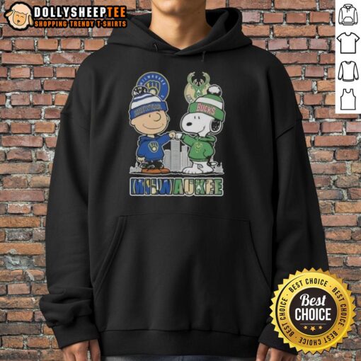 Top Snoopy and Charlie Brown hoodie featuring Milwaukee skyline and sports teams Brewers and Bucks design.