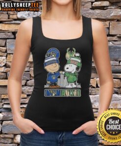 Snoopy and Charlie Brown graphic on a Milwaukee City Sports tank top featuring Brewers and Bucks skyline design.
