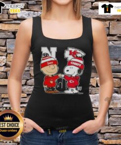Top Snoopy and Charlie Brown Nebraska Huskers x Kansas City Chiefs skyline tank top featuring iconic cartoon characters.