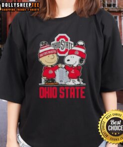 Top Snoopy and Charlie Brown Ohio State Buckeyes Football Skyline Ladies Tee featuring iconic characters and team spirit.