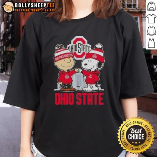 Top Snoopy and Charlie Brown Ohio State Buckeyes Football Skyline Ladies Tee featuring iconic characters and team spirit.