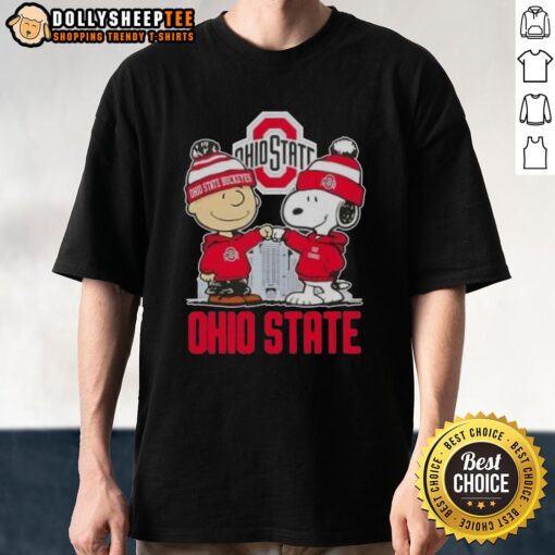 Top Snoopy and Charlie Brown Ohio State Buckeyes Football Skyline T-Shirt featuring iconic characters and team colors.