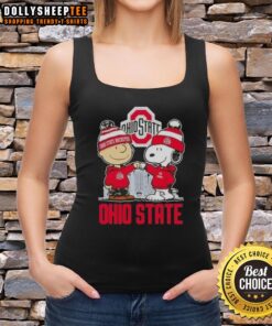 Top Snoopy and Charlie Brown Ohio State Buckeyes football skyline tank top featuring iconic characters and team spirit.