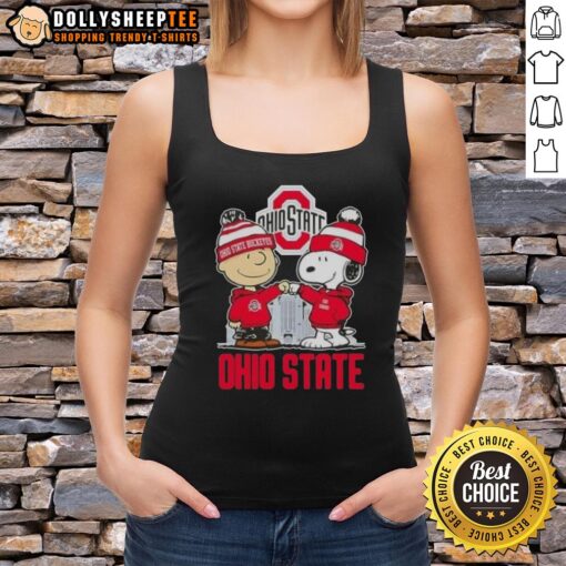 Top Snoopy and Charlie Brown Ohio State Buckeyes football skyline tank top featuring iconic characters and team spirit.