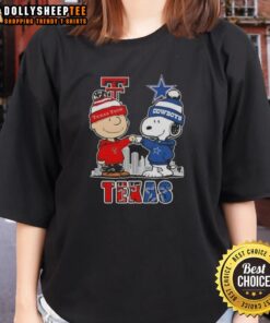 Texas Tech Red Raiders x Dallas Cowboys skyline tee featuring Snoopy and Charlie Brown design for ladies.